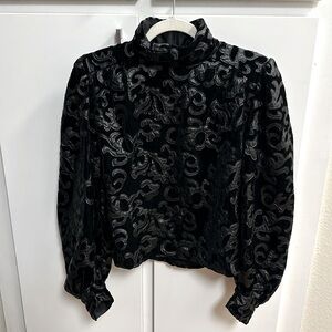 Zara Puff Sleeve Black Velvet and Faux Leather Top
